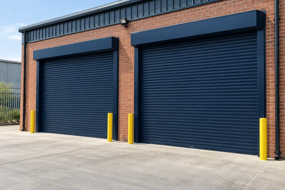 Blue shutter curtains across neighbouring brick-fronted Birmingham business units