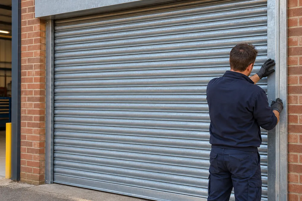 Gloved engineer examining a shutter side guide at a Birmingham commercial entrance